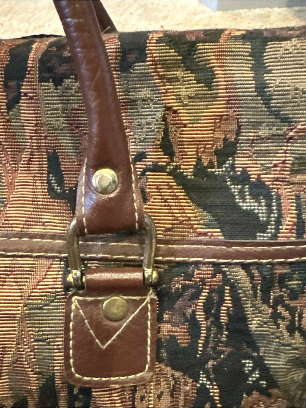 Capezio Brown Tapestry Duffel with Leather Trim Equestrian Hunt Scene